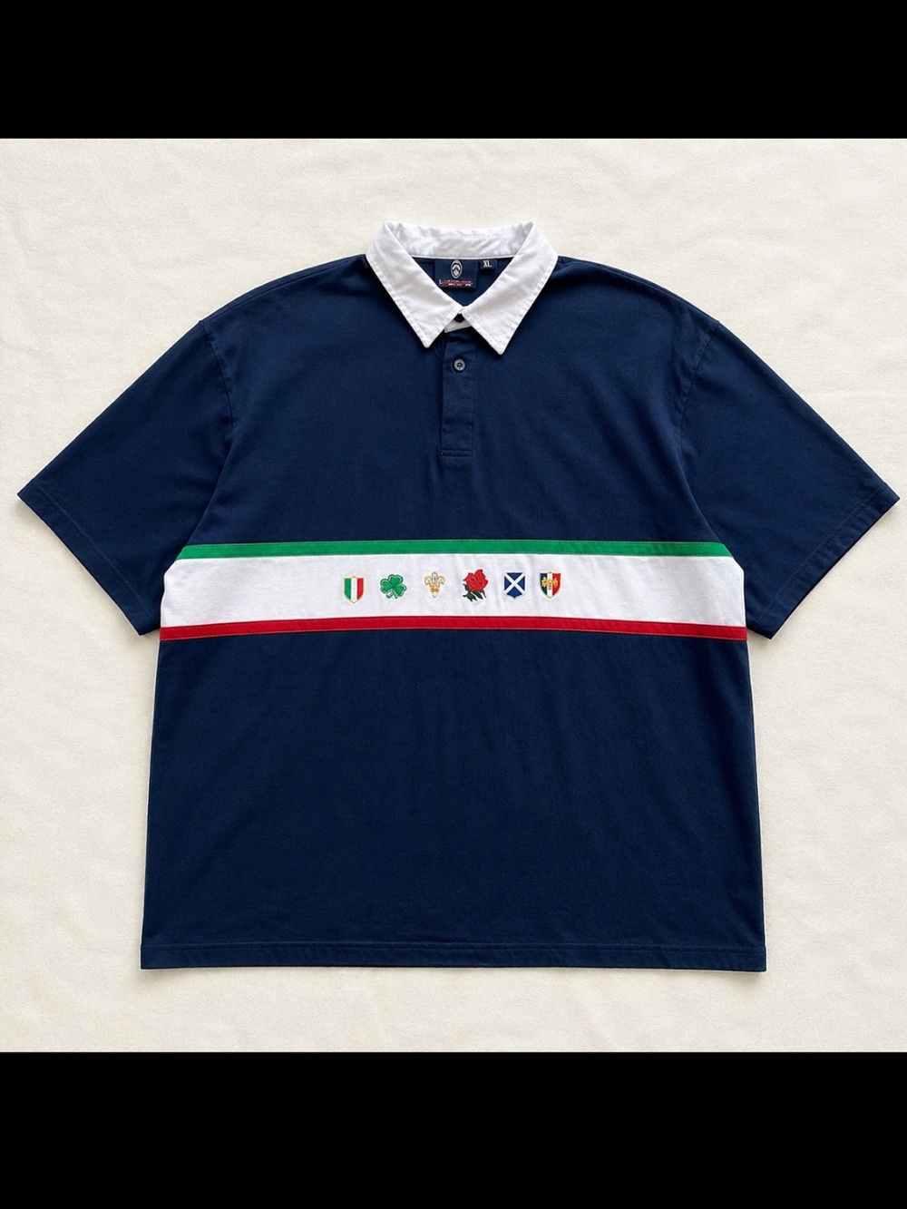 Y2K Six Nations Rugby Polo Shirt Men XL Navy Crest Stripe Preppy Streetwear